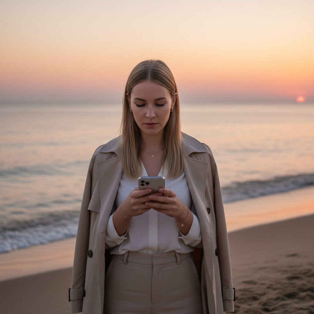 A woman with sleek hair in a stylish outfit, scrolling on her smartphone against a sunset beach background.