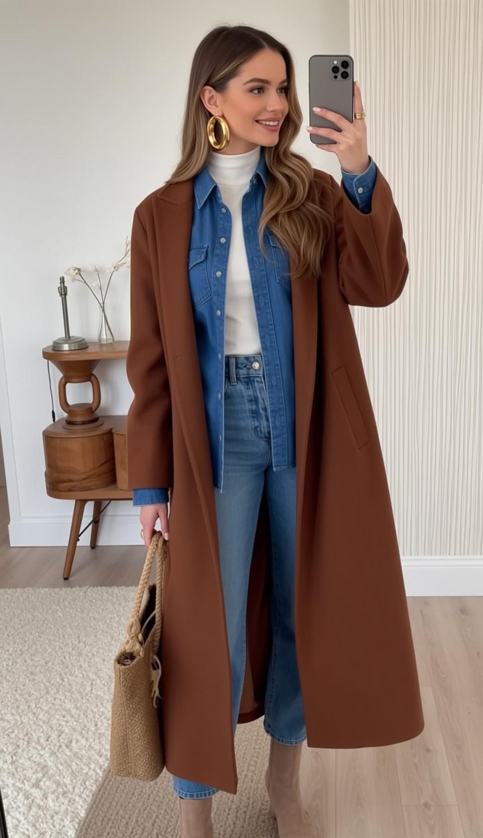Autumn Stands Facing Slightly Right Holding Smartphone