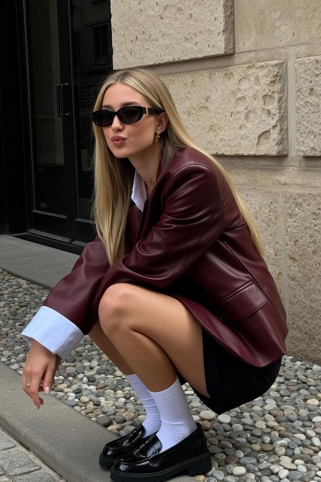 Sunglasses Earrings Necklace And Rings With Burgundy Faux Leather Blazer