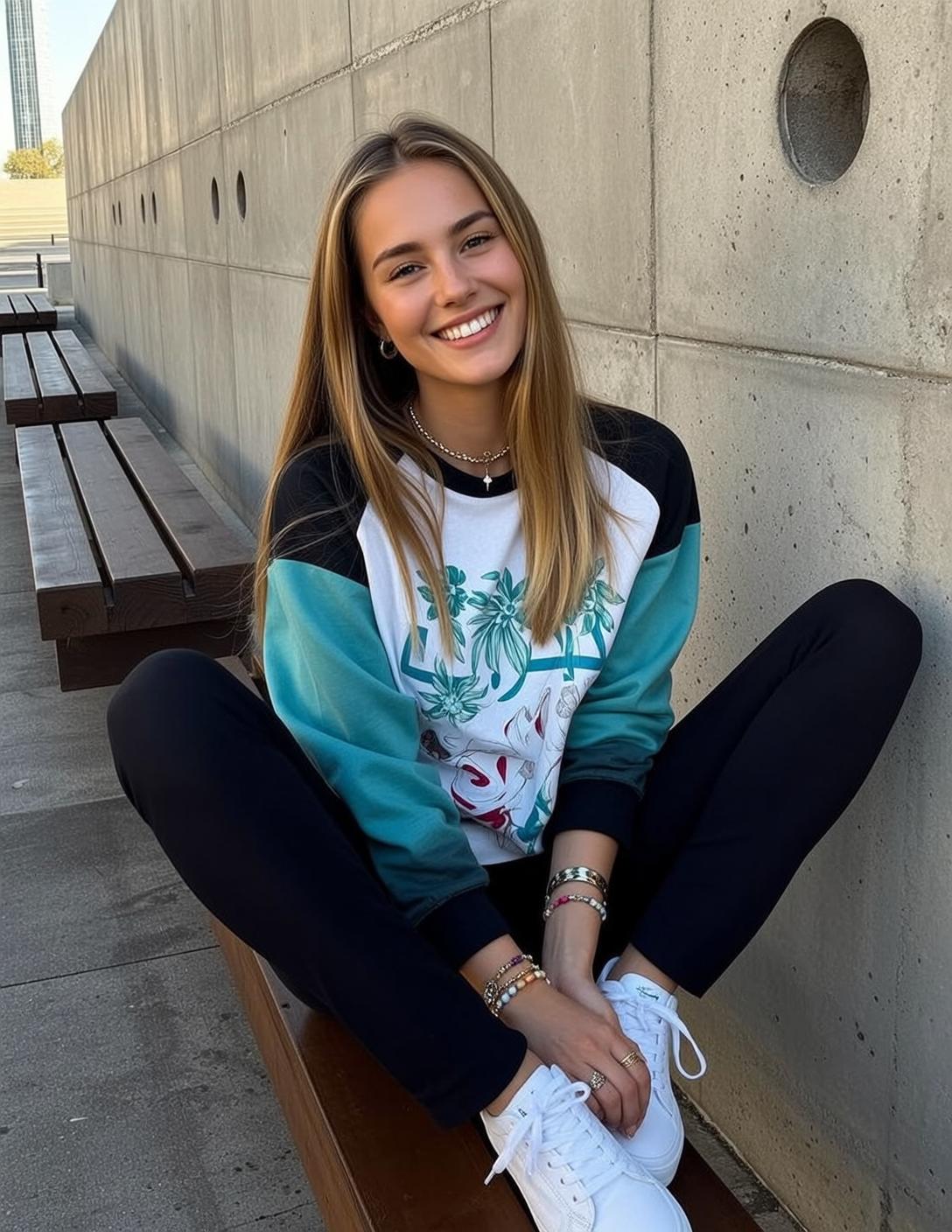 Floral Sweatshirt Bench Portrait