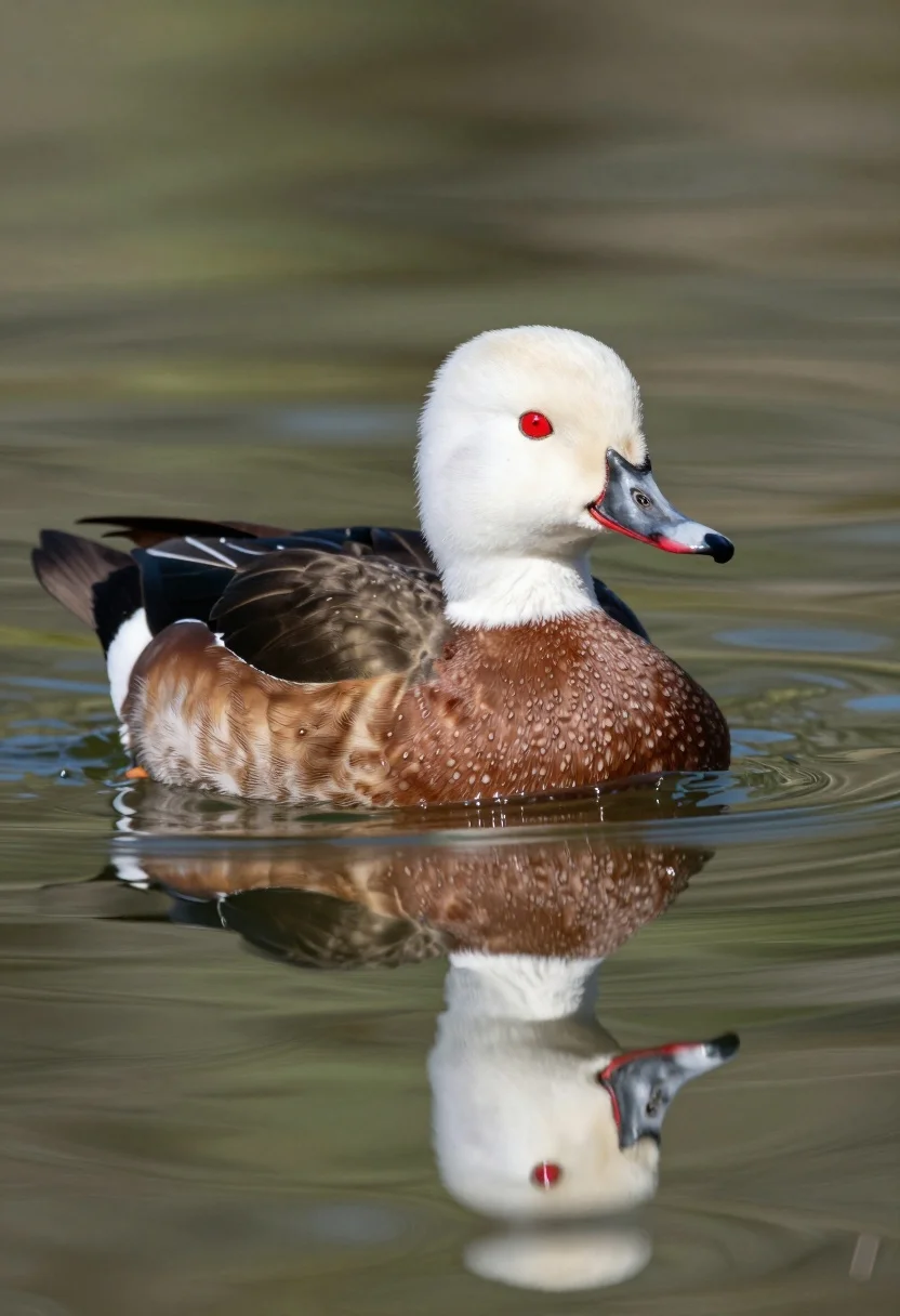 Close-up Portrait Duck Floating Serenely Calm Water With Its Reflection