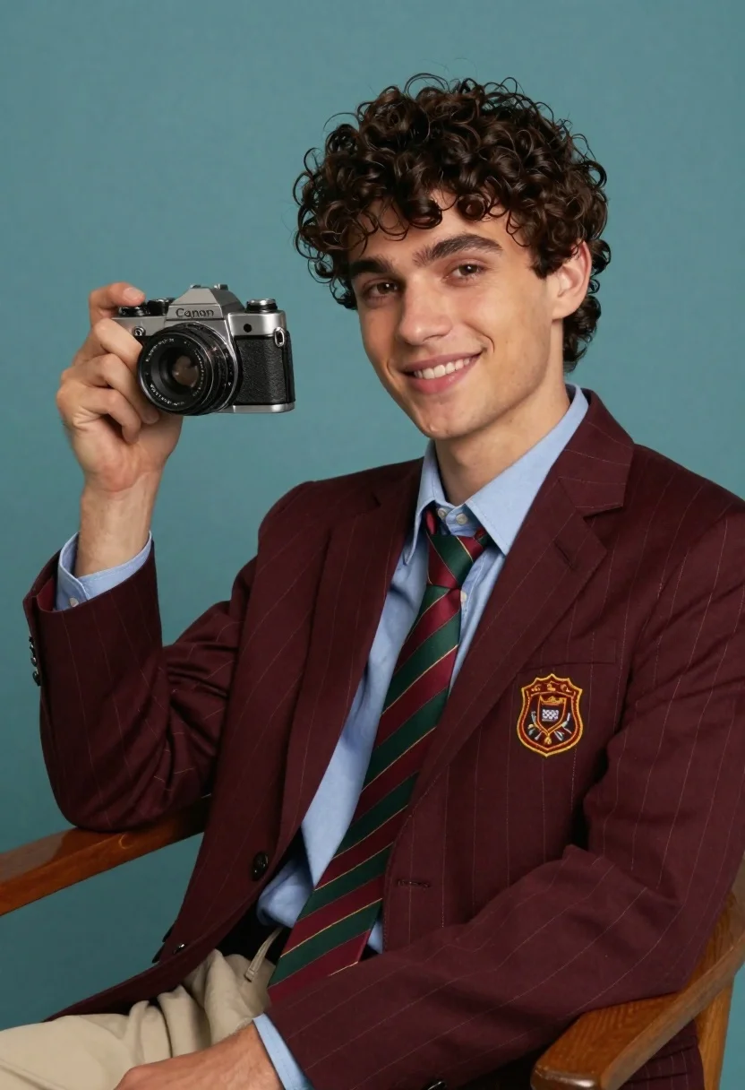 Young Man With Curly Dark Hair Sits Smiling Gently The