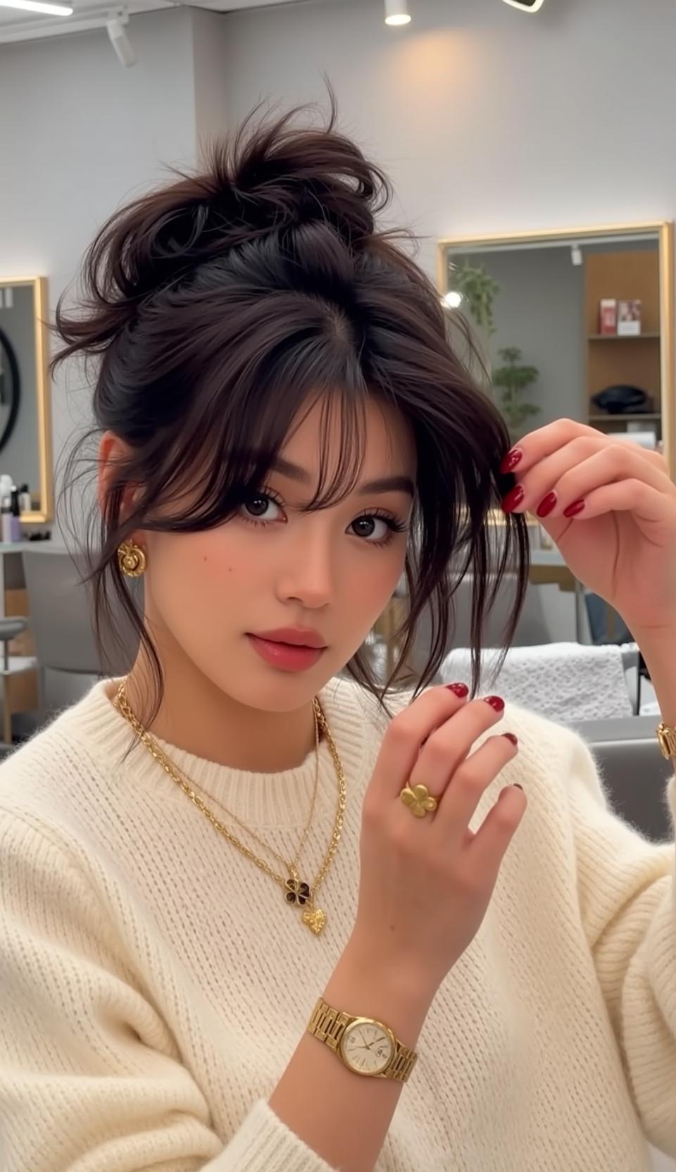 Young Woman Hair Salon Soft Light Gold Jewelry