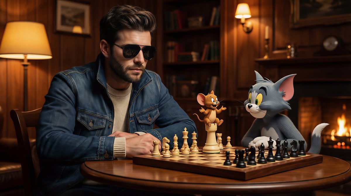 Playing Chess With Cartoon Cat And Mouse
