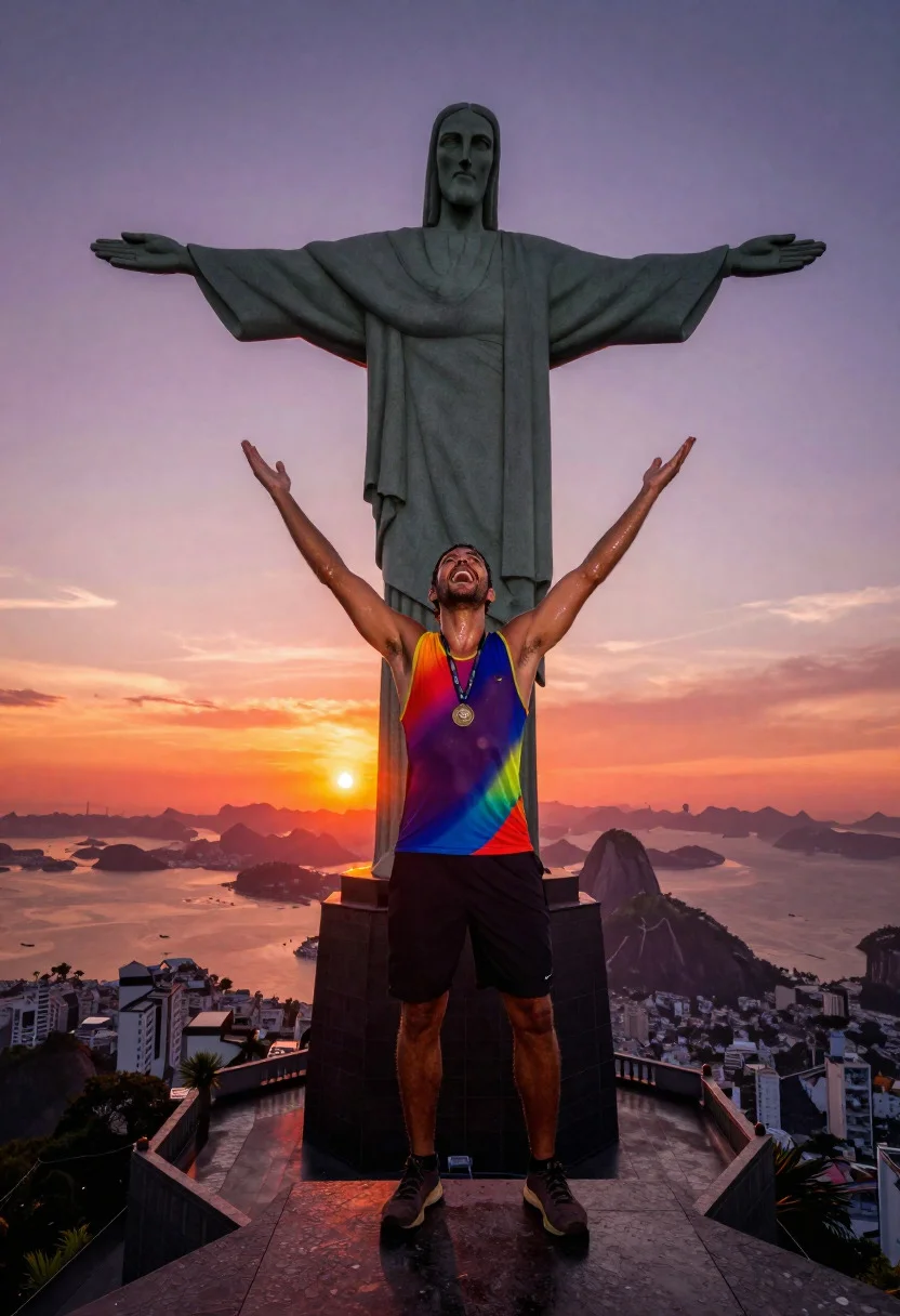 Celestial Brazilian Marvel Scene Triumphant Climber Man Summiting Christ The reference photo