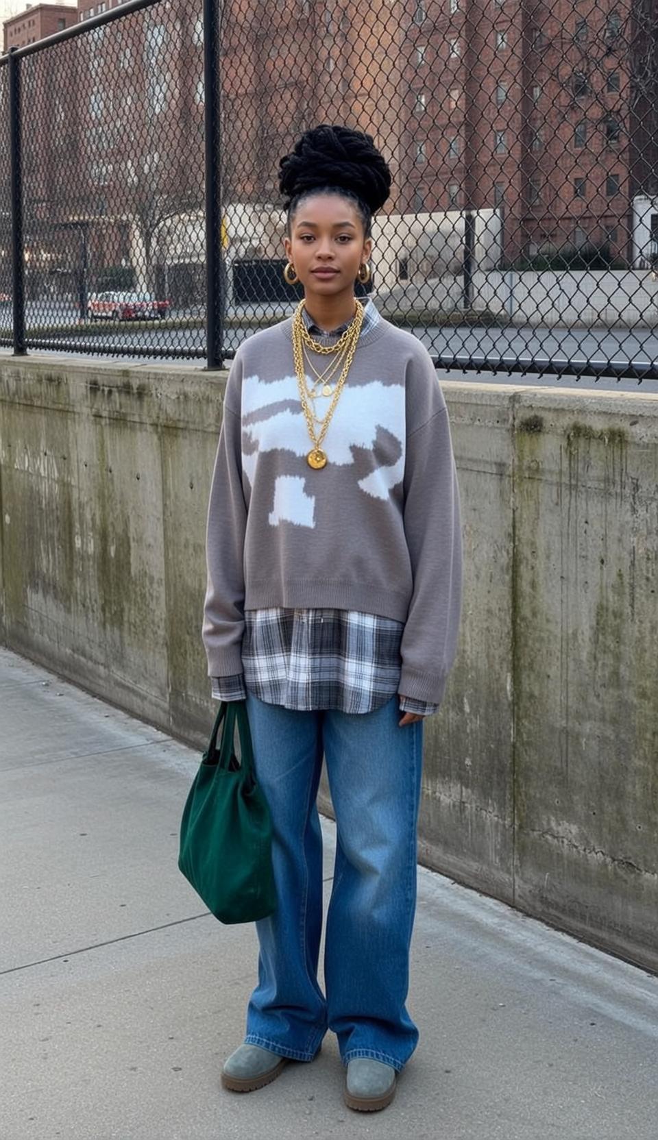 Grey Sweater and Wide Leg Jeans