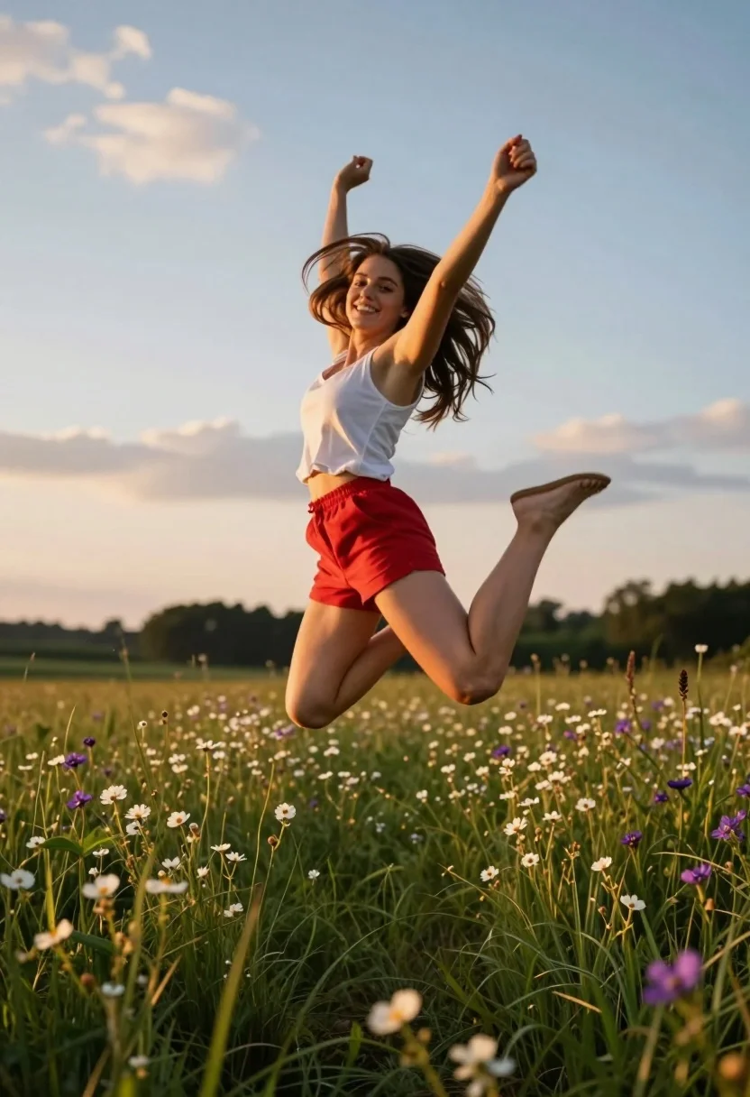 Joyful Young Woman Leaps Mid-air Sun-drenched Meadow Filled With Wildflowers
