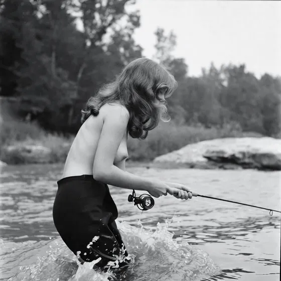 Fly Fishing Shirtless In River Overcast Lighting