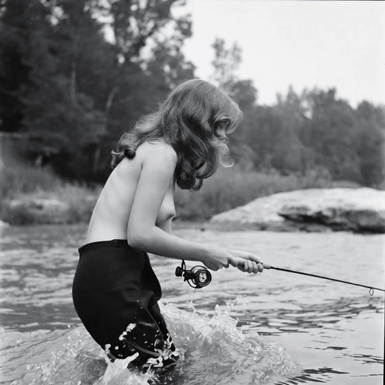 Fly Fishing Shirtless In River Overcast Lighting