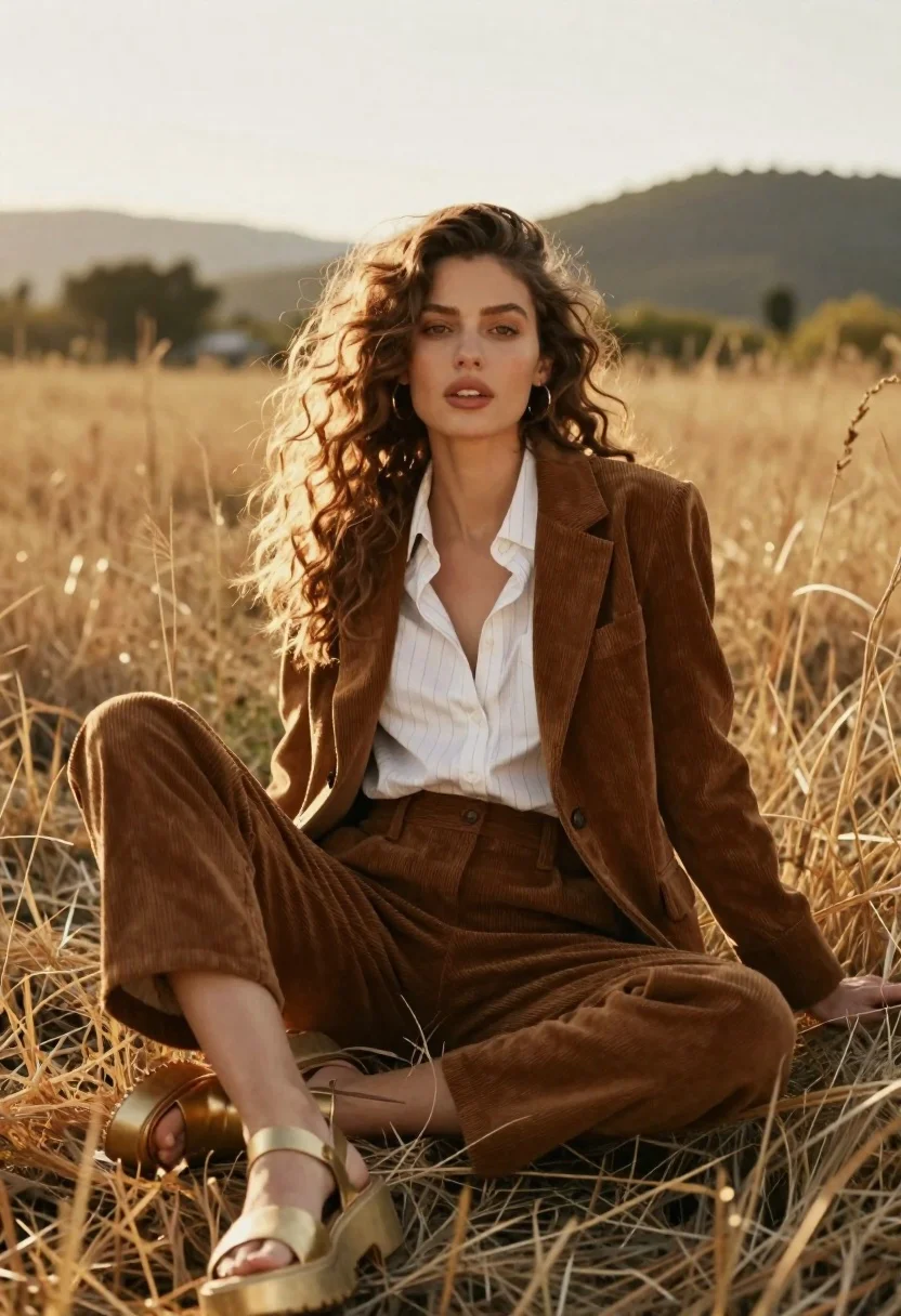 Woman With Voluminous Wavy Hair Sits Cross-legged Field Tall Dry reference photo