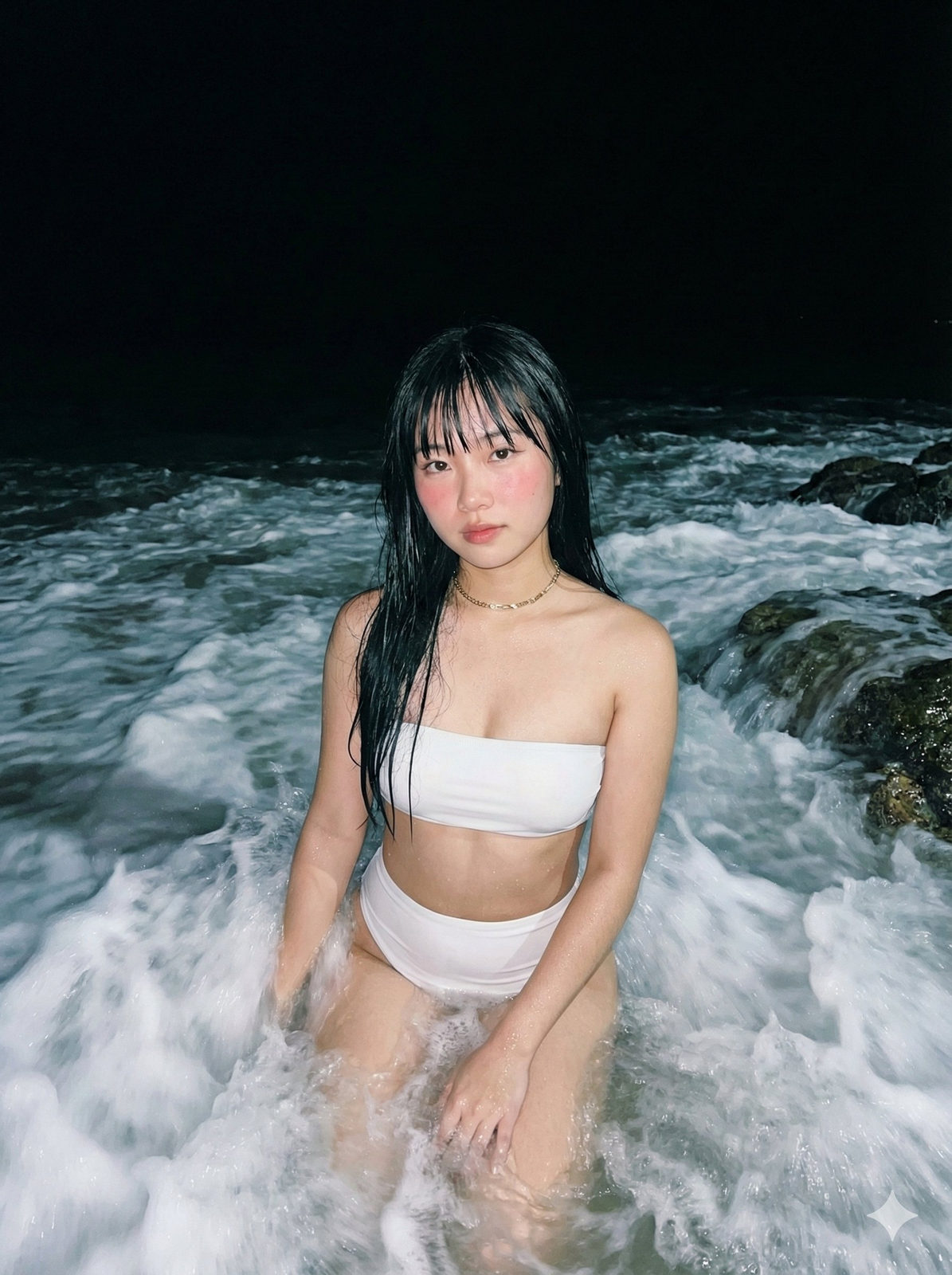 A female model with fair skin wearing a strapless bandeau bikini top, seated in ocean water, with wet hair and soft makeup.