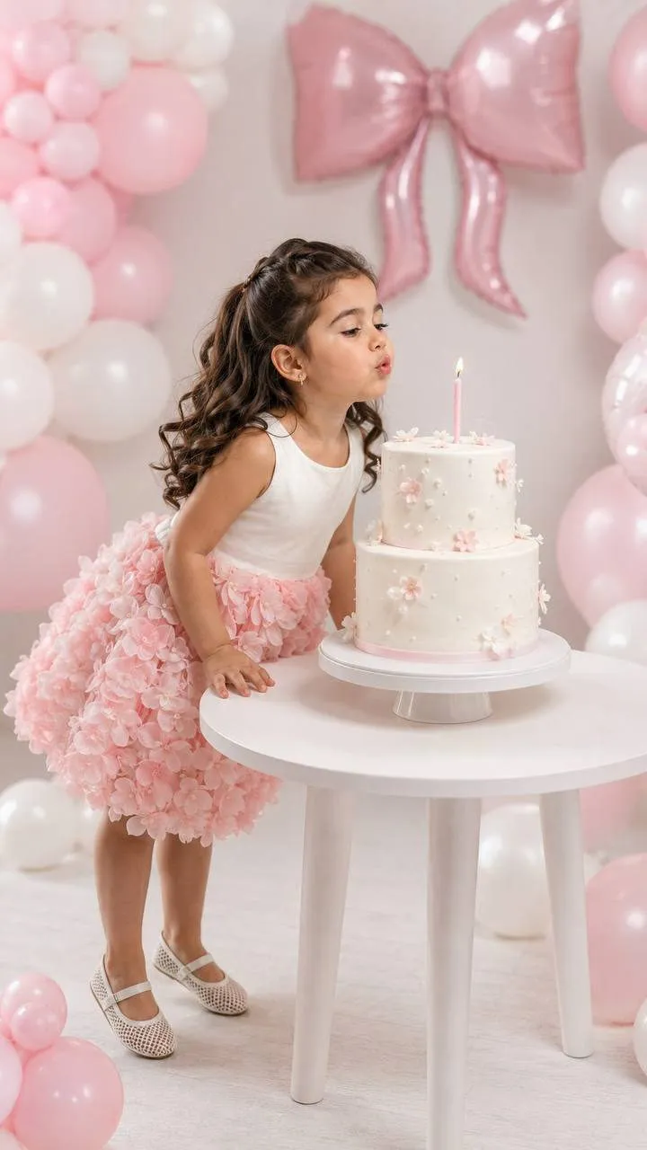 Girl Blowing Out Candle On Cake In Studio