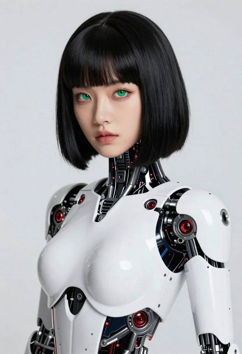 High-fashion Portrait Female Android Porcelain Skin Green Eyes Black Bob reference photo