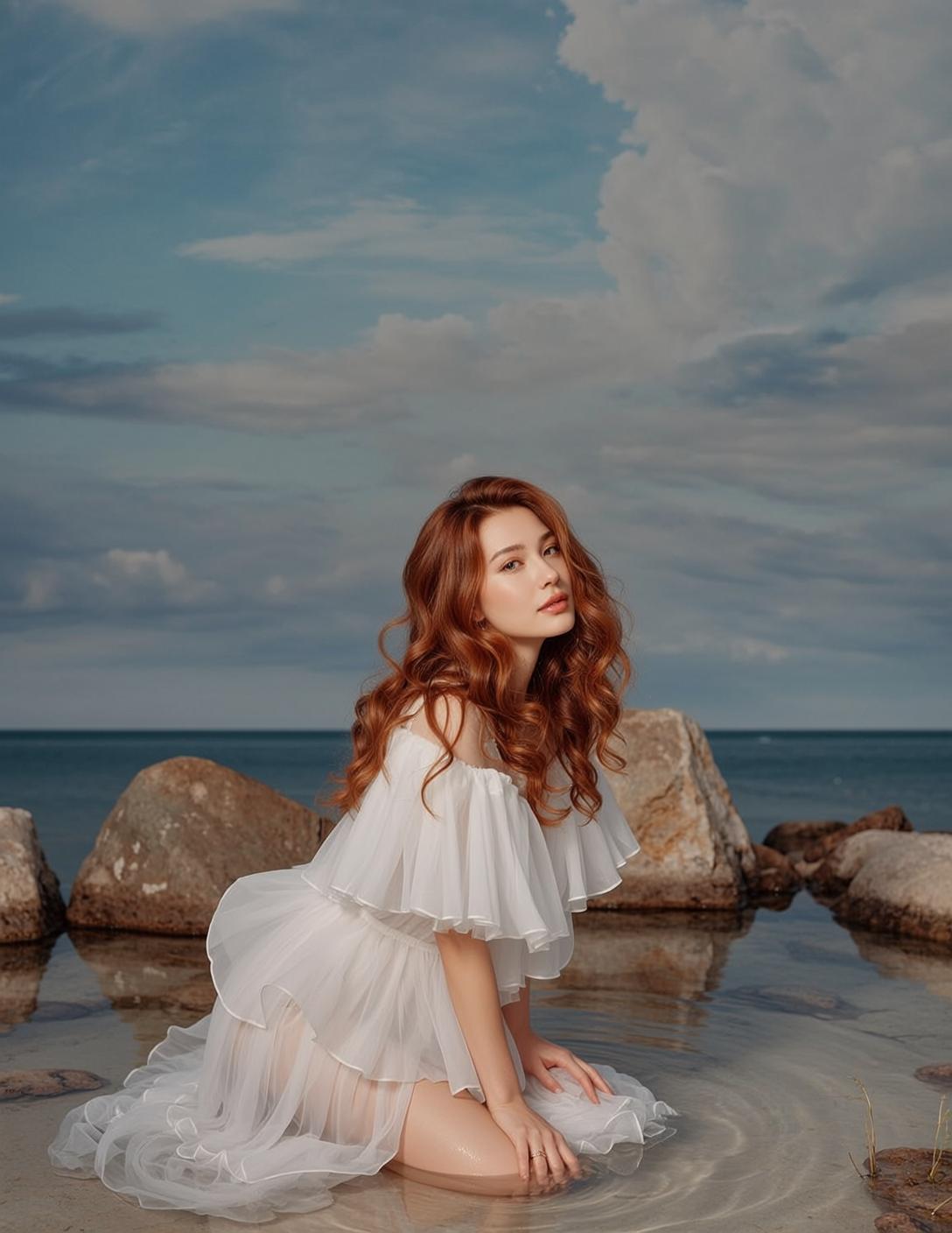 White Ruffled Dress Water Scene