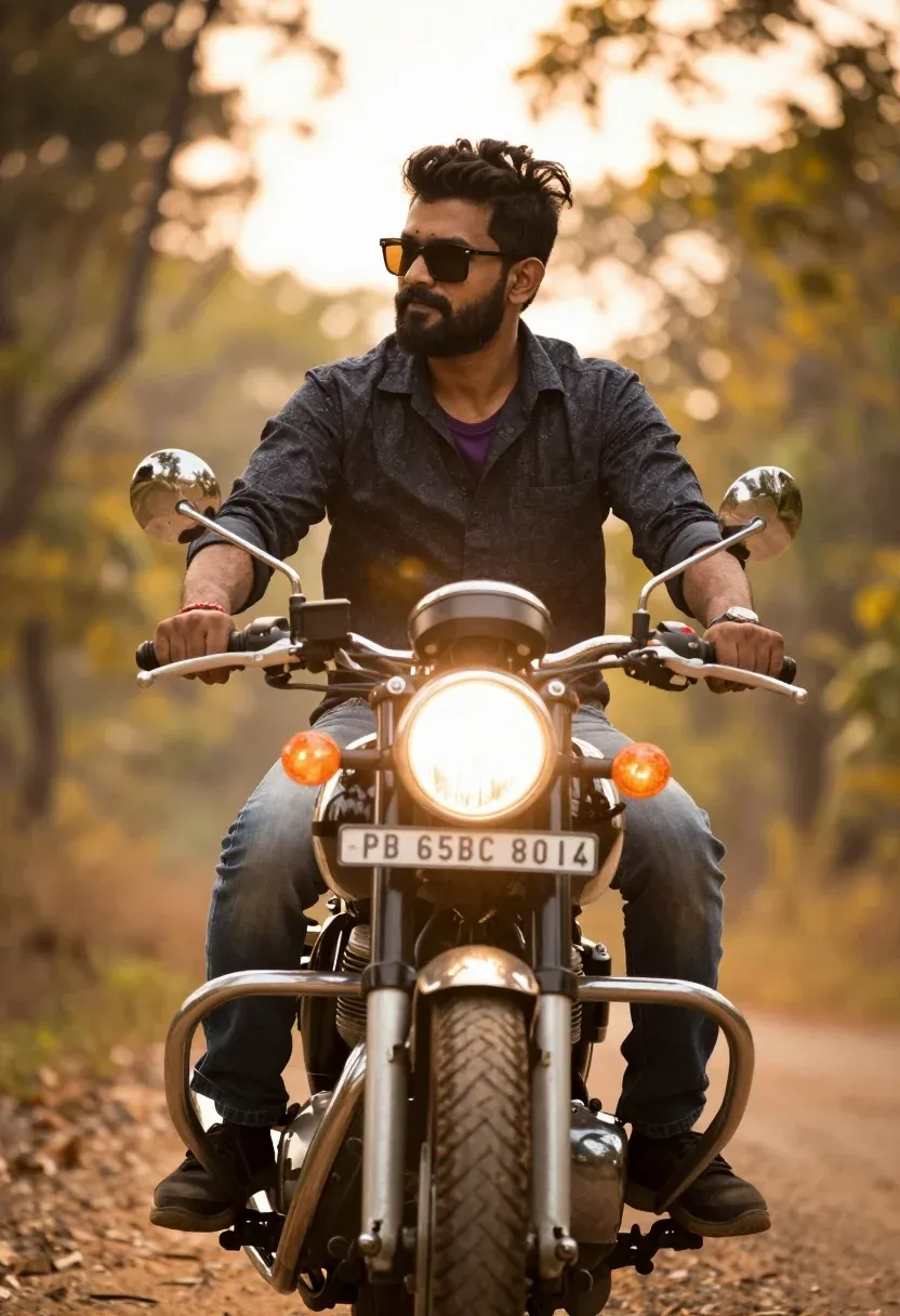 Man Sits Confidently Vintage Motorcycle With Its Headlight Glowing Brightly