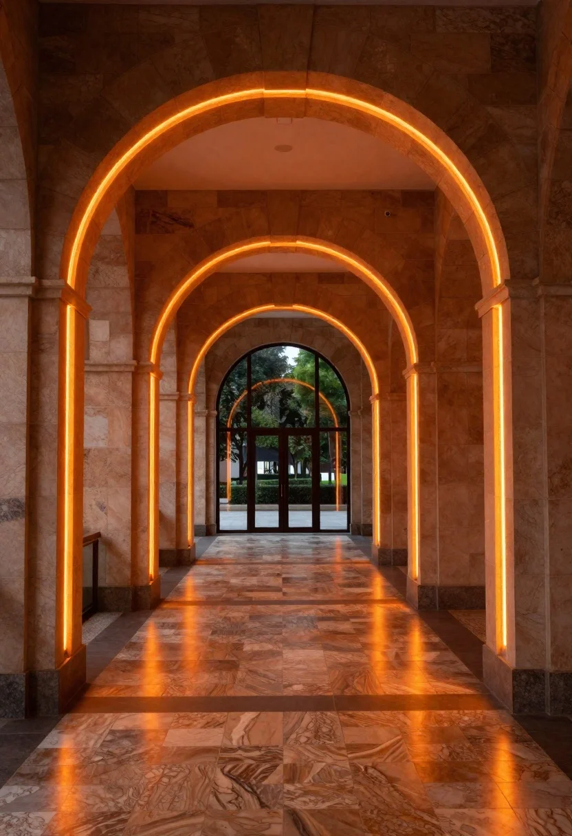 Photorealistic Architectural Shot Monumental Arched Corridor Illuminated Warm Orange Neon reference photo