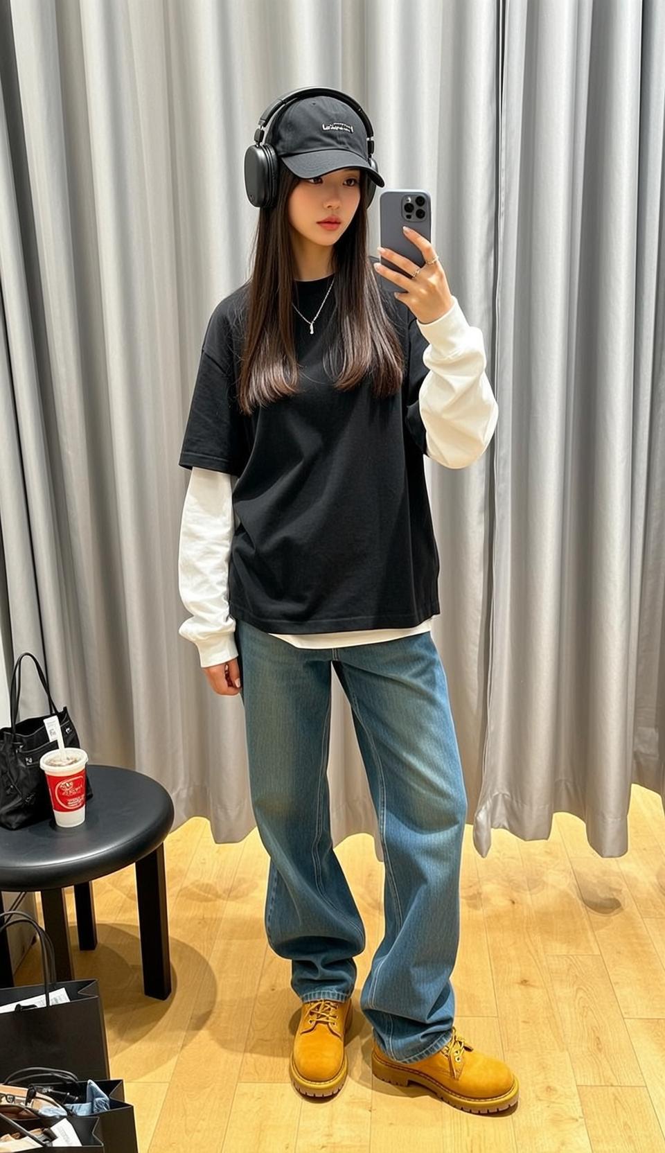 Fitting Room Selfie Black T Shirt Baggy Jeans