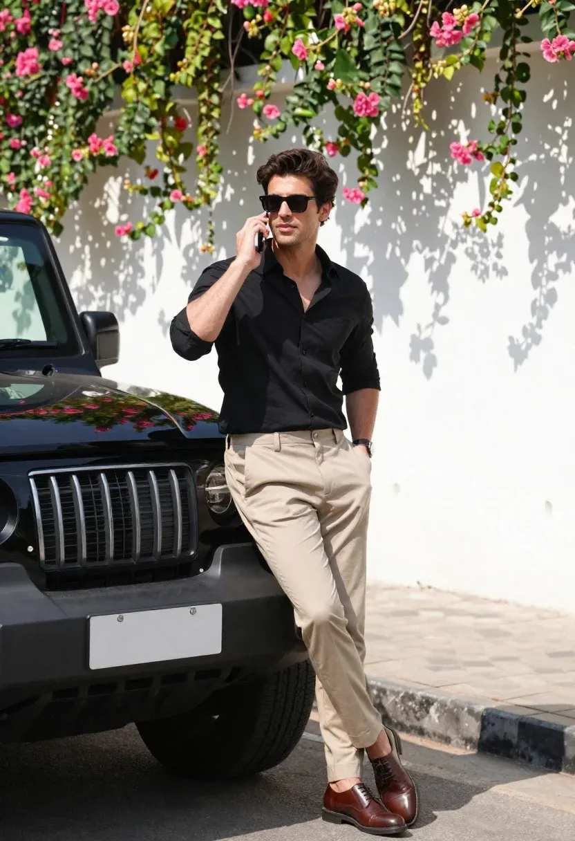 Stylish Man Stands Leaning Against Black Suv Front White Wall