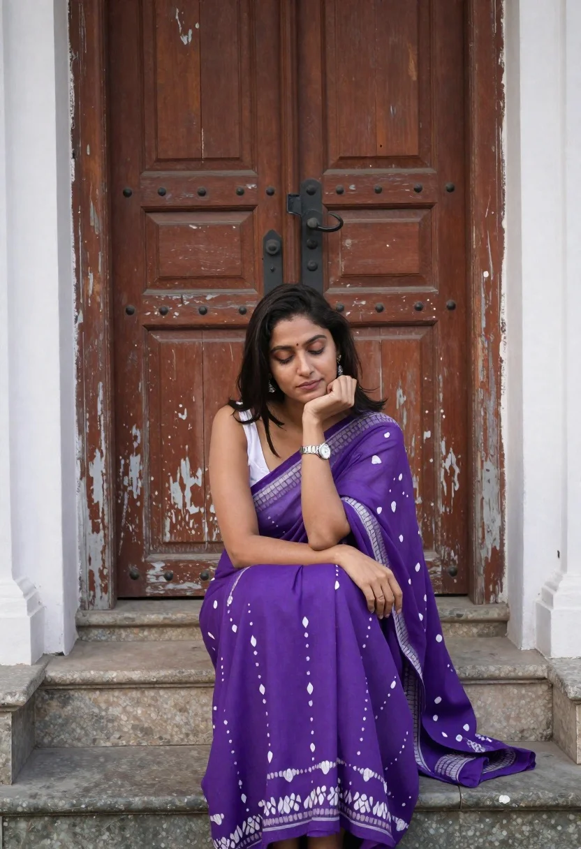 Woman Sits Gracefully Stone Steps Front Weathered Wooden Door Subject reference photo