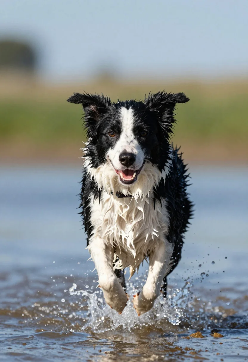 Wet Black And White Border Collie Running Directly Toward The