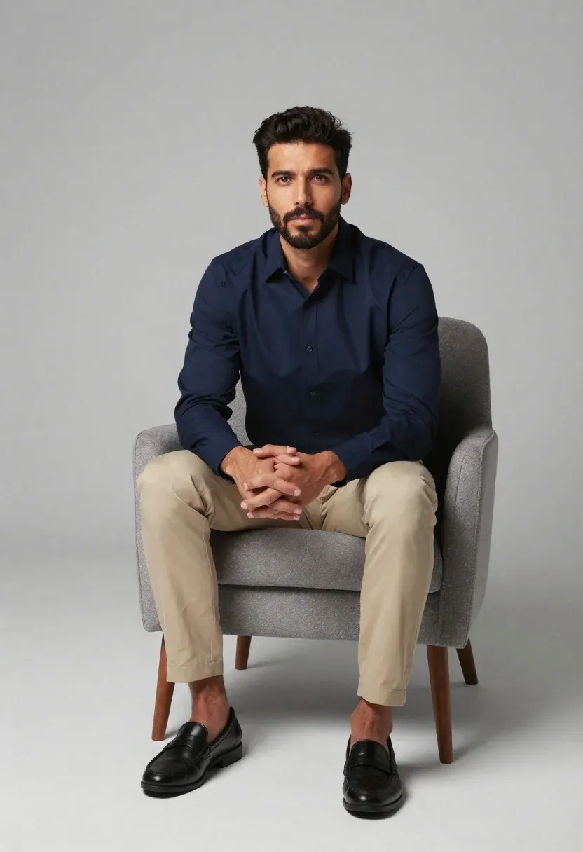 Photorealistic Studio Portrait Man Seated Modern Armchair Against Soft Gray