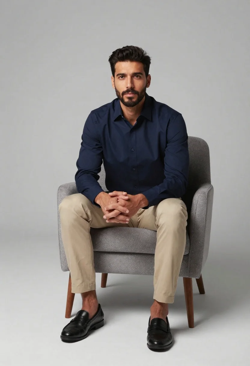Photorealistic Studio Portrait Man Seated Modern Armchair Against Soft Gray reference photo