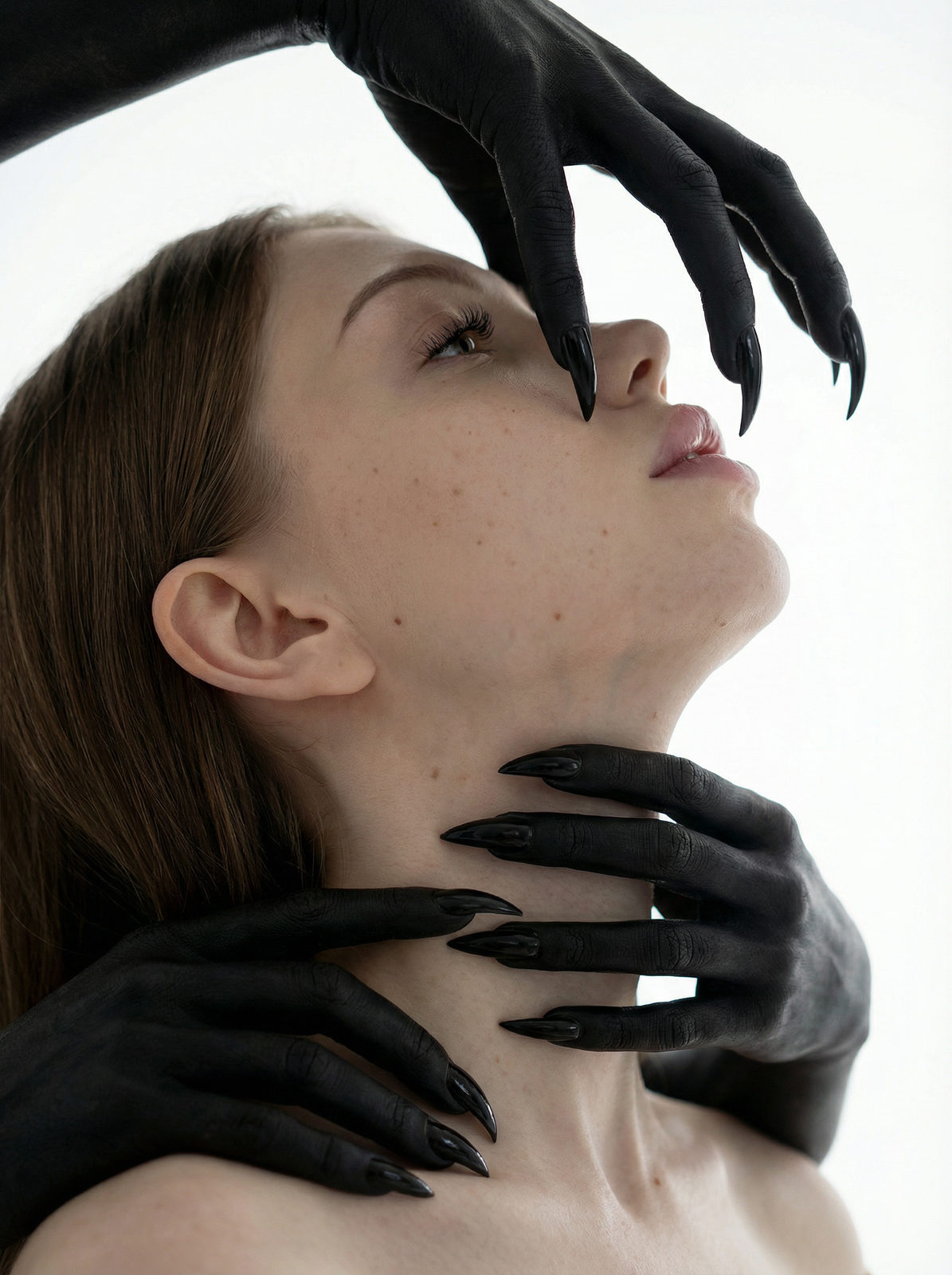 Hyper-realistic close-up of a woman with brown hair, ethereal pose, demonic hands with glossy claws framing her neck against a bright background.