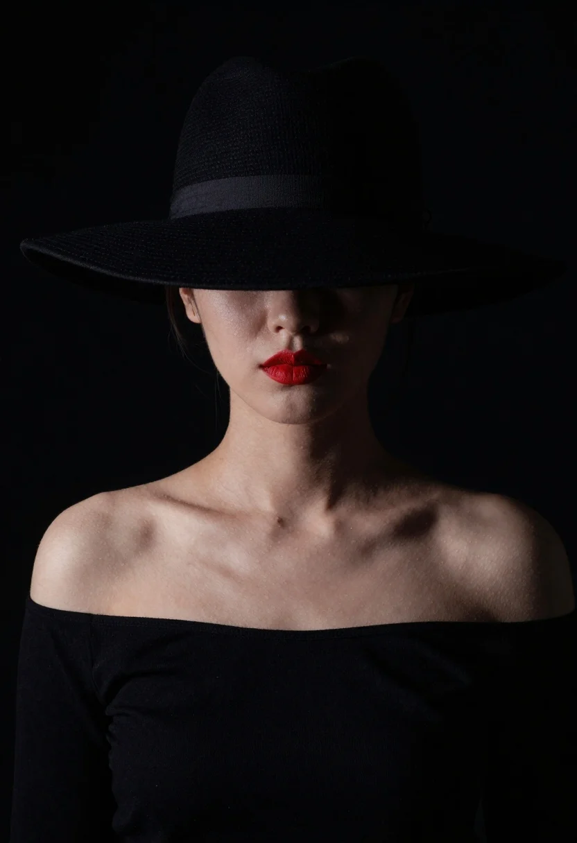 Dramatic Portrait Woman Wearing Oversized Black Hat That Obscures Her reference photo