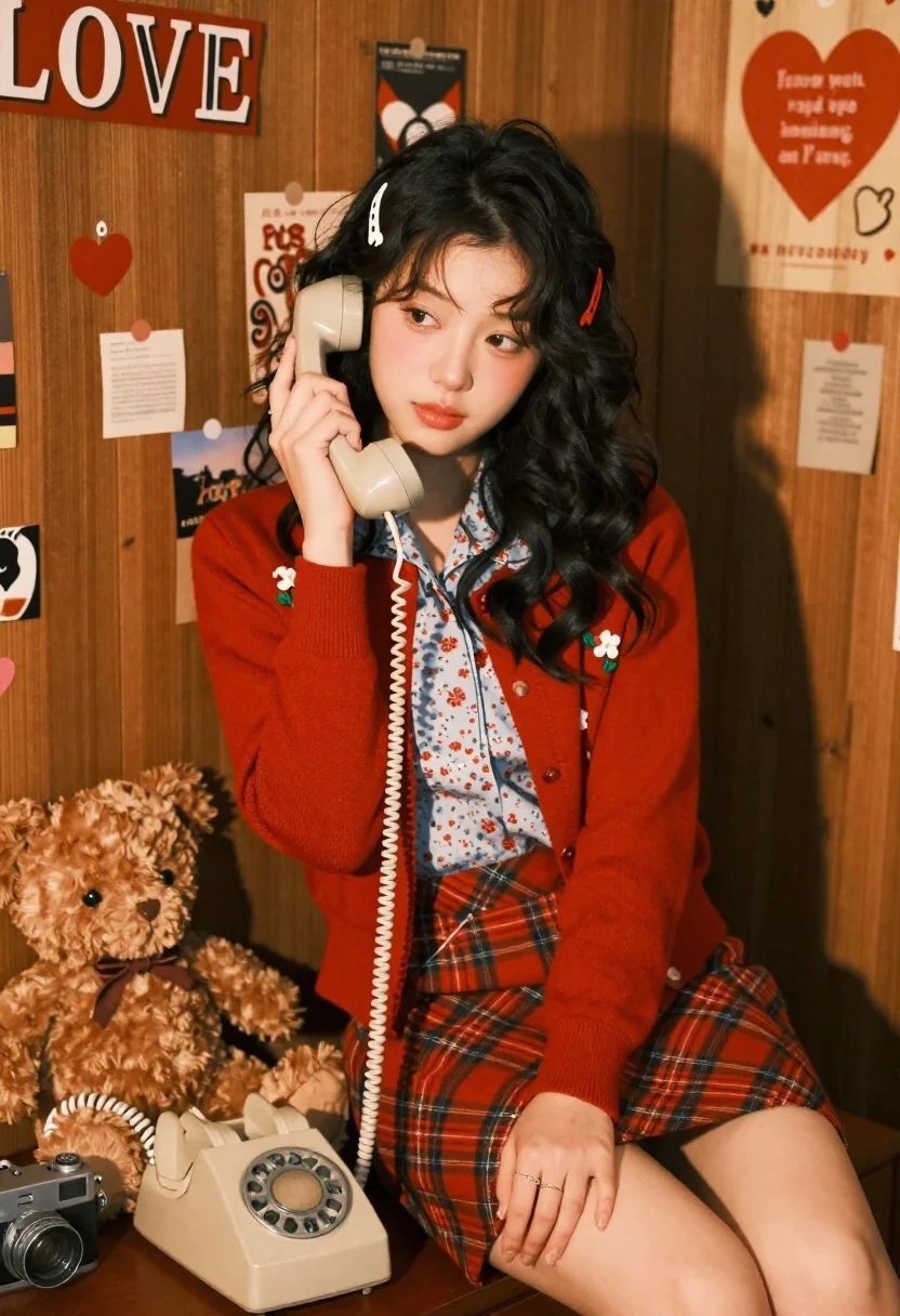 Young woman with dark wavy hair sitting on a wooden surface, holding a vintage beige rotary phone, gently lit with warm tones.