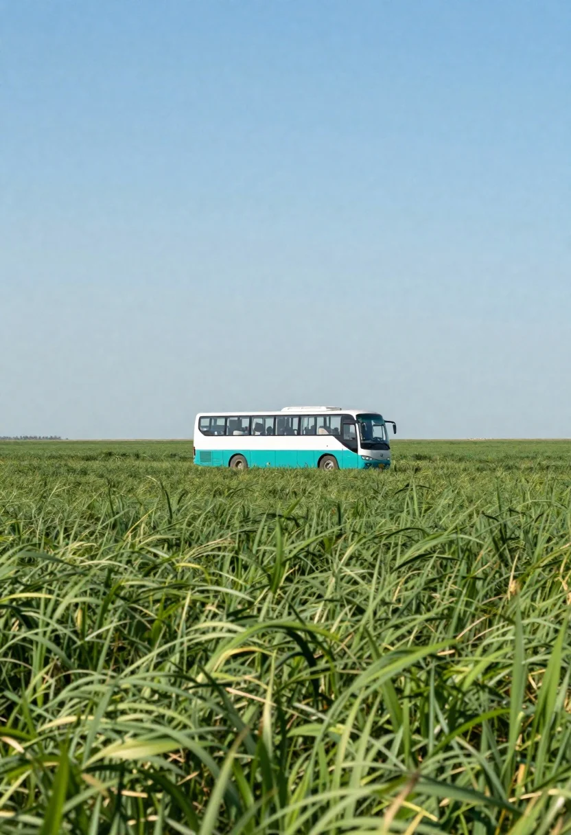 Wide-angle Landscape Photograph Solitary Bus Traversing Endless Green Field Under reference photo