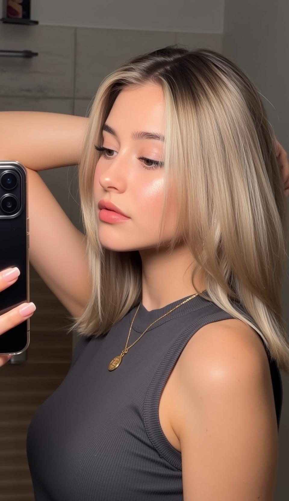 Earrings And Necklace And Manicure With Grey Top reference photo