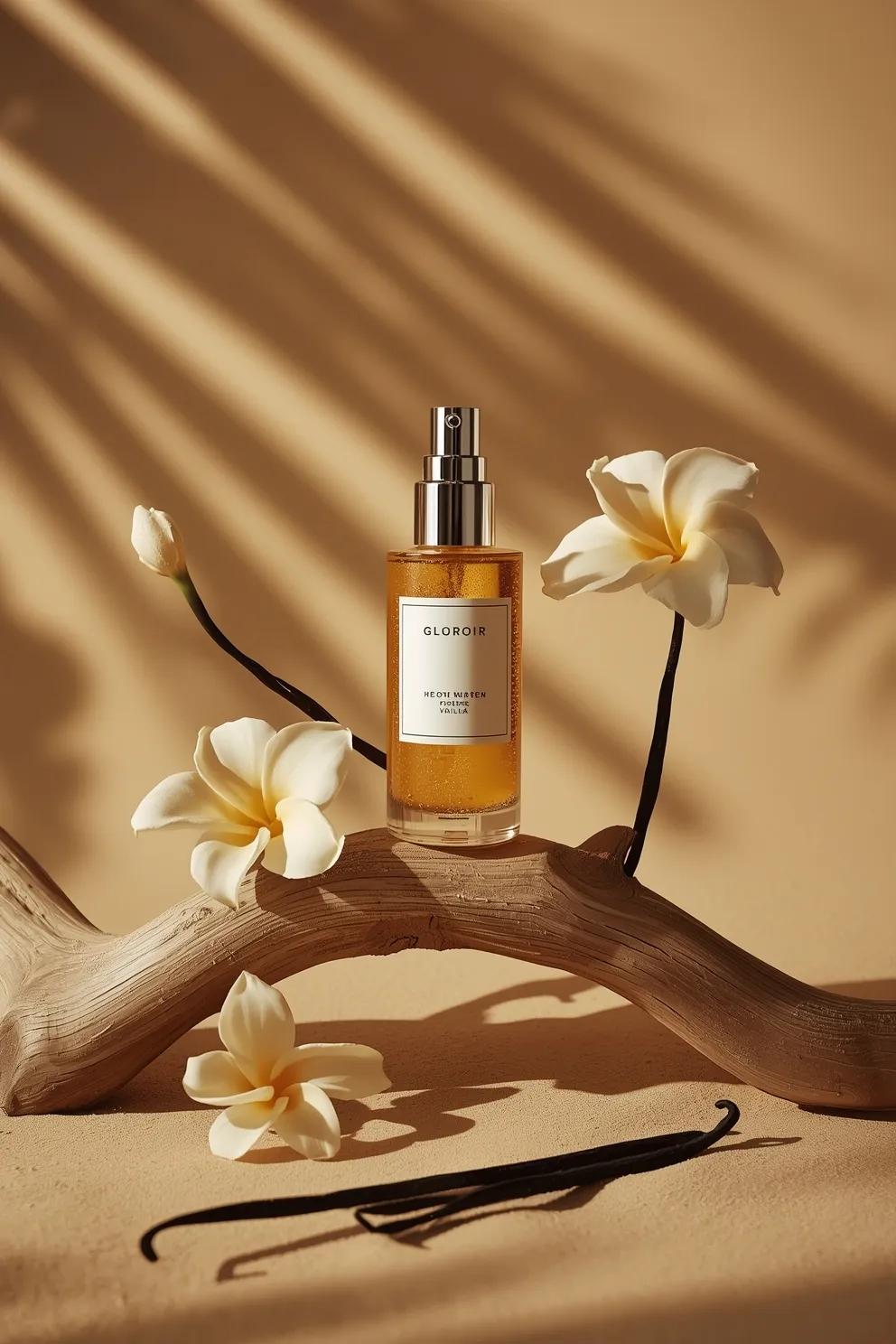 Ultra-cinematic image of amber skincare serum on textured driftwood, surrounded by creamy tropical flowers and vanilla pods, with dramatic lighting.
