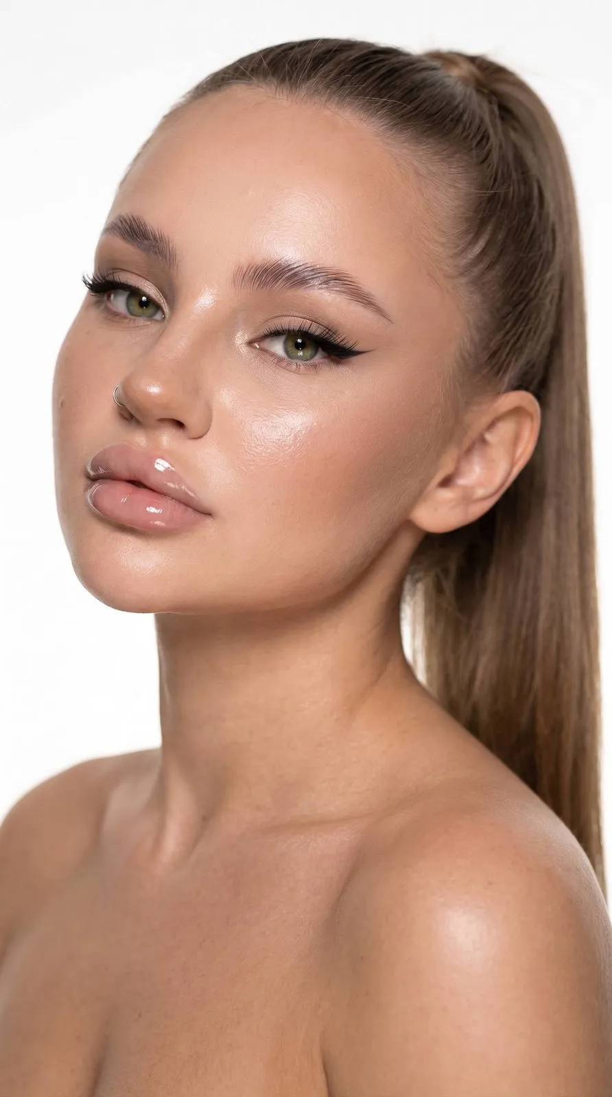 Glamorous Studio Beauty Portrait Sharp Features Glossy Lips
