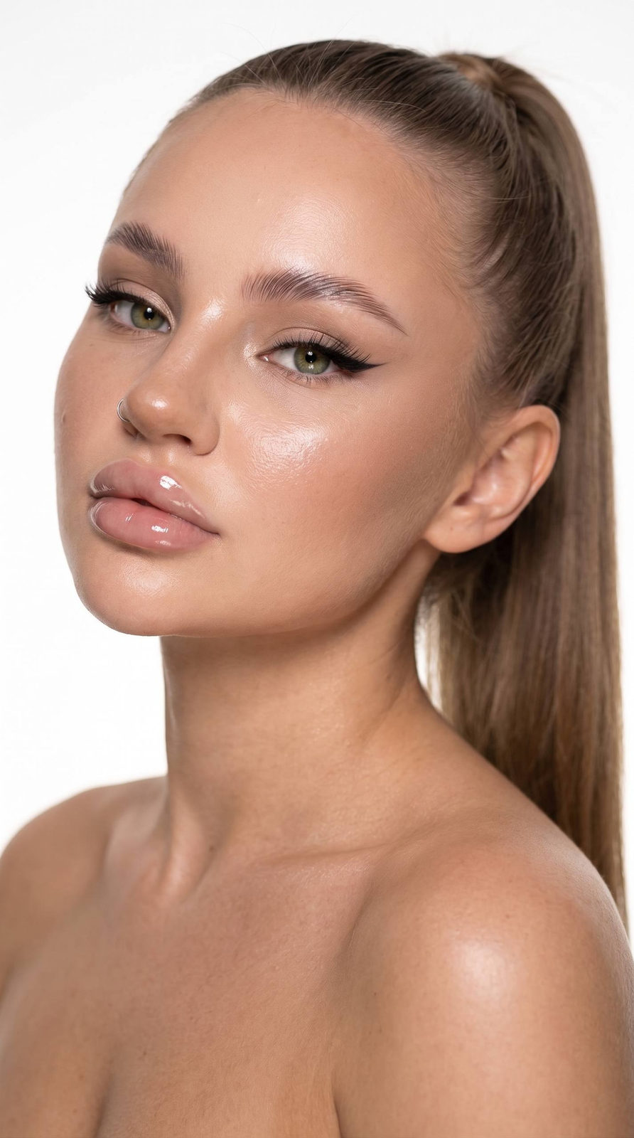 Glamorous Studio Beauty Portrait Sharp Features Glossy Lips