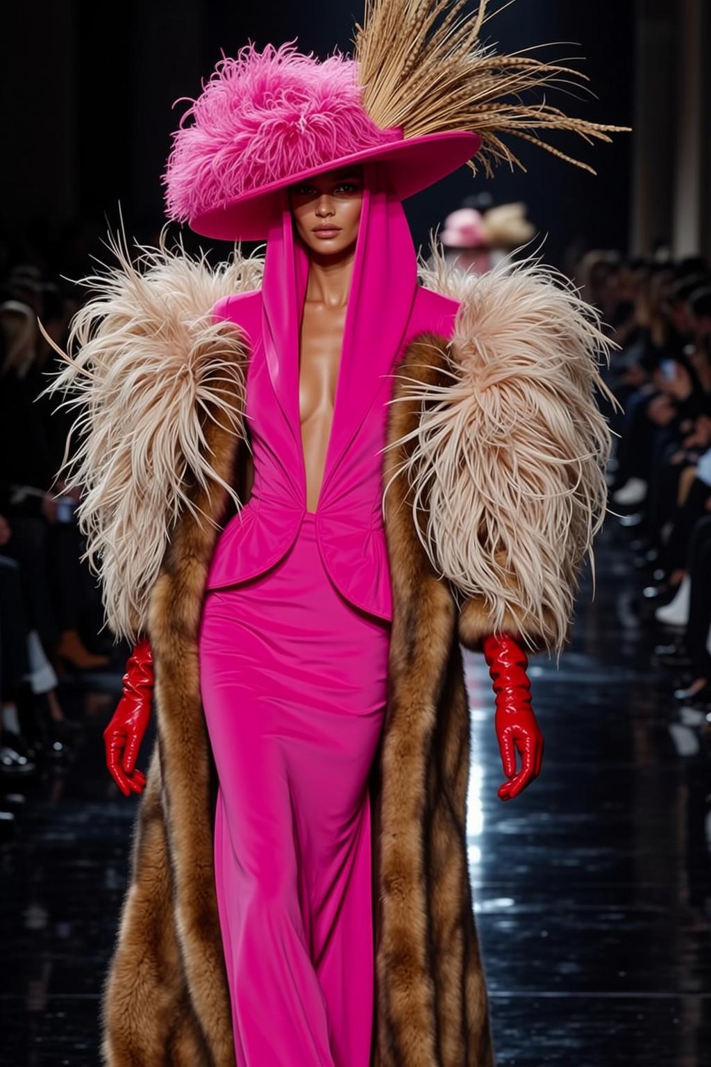 Pink Dress Fur Coat Hat Runway Model