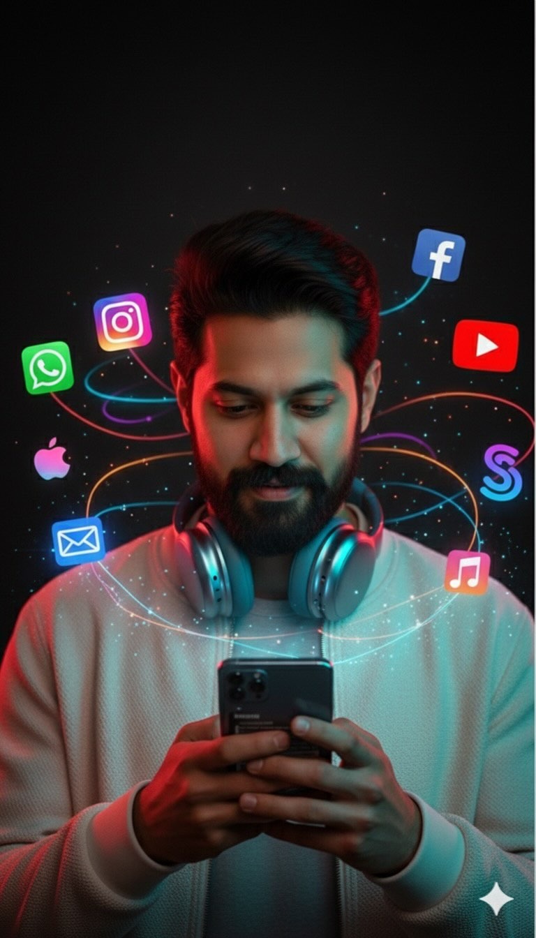 Ultra-realistic 8K portrait of a stylish young man with soft wavy hair, engaged with his iPhone, surrounded by glowing app icons.