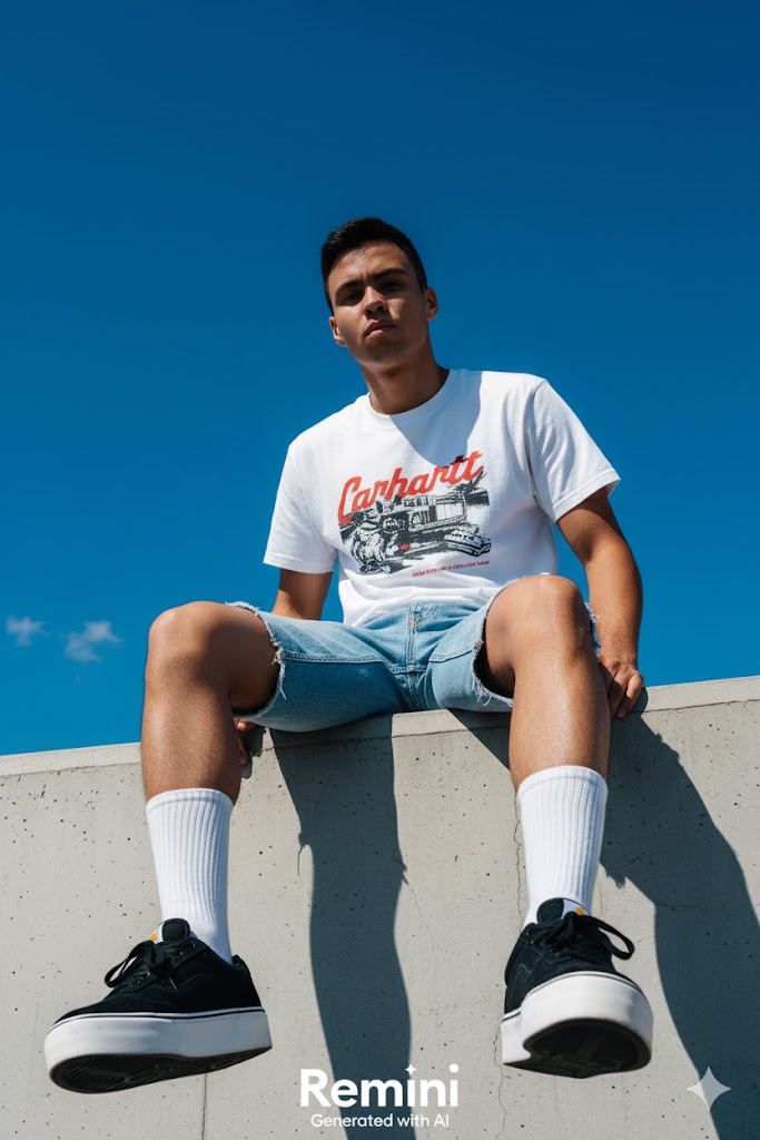 A confident model in streetwear sitting against a vibrant blue sky.