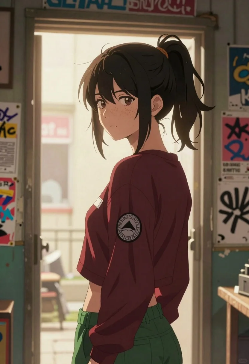 Cinematic Anime-style Portrait Young Woman With Freckles And Messy Dark reference photo