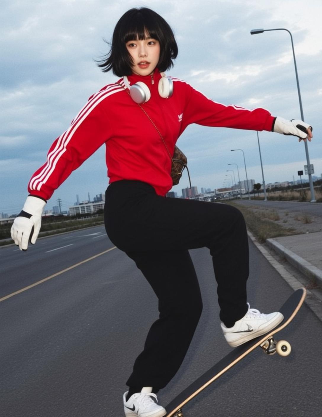 Red Jacket Riding Skateboard Urban Street