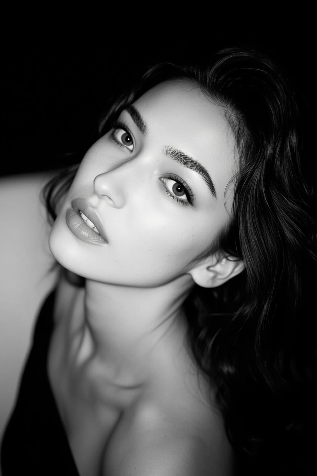 Black And White Portrait Young Woman Captured From High Angle