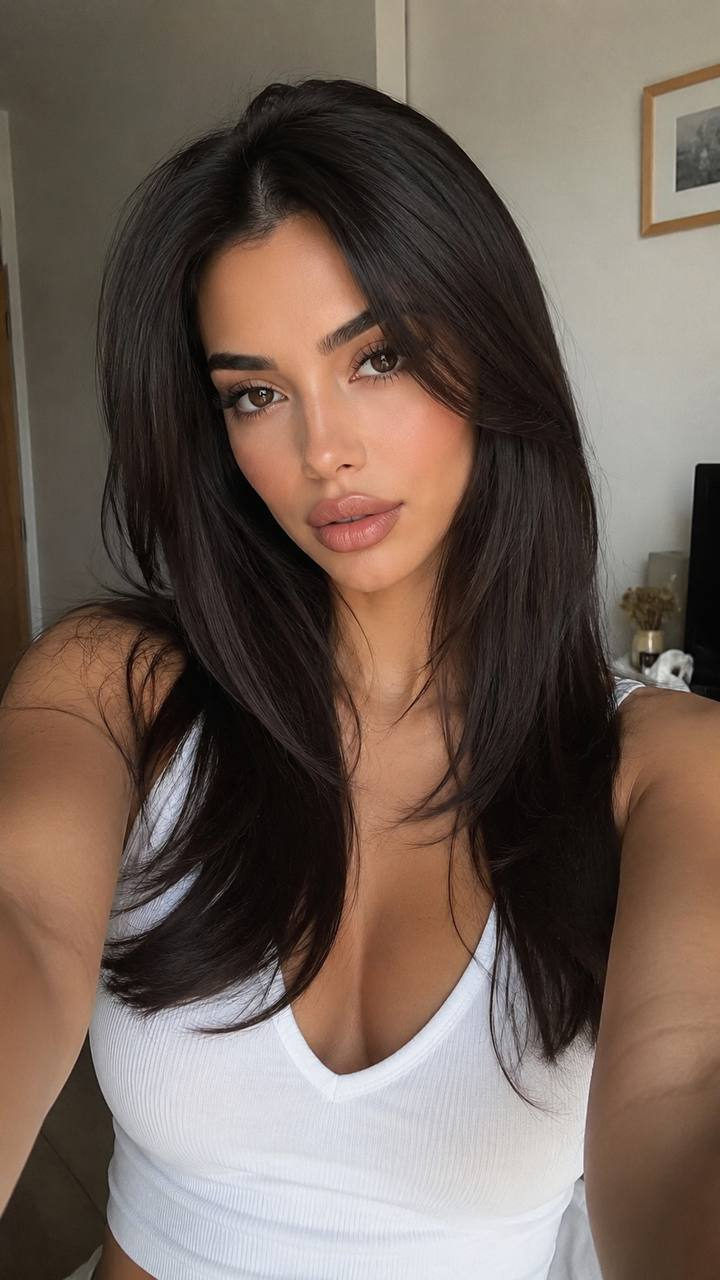 A girl in a white V-neck top with layered, inward-styled hair taking a selfie. Photorealistic image showcasing natural elements.