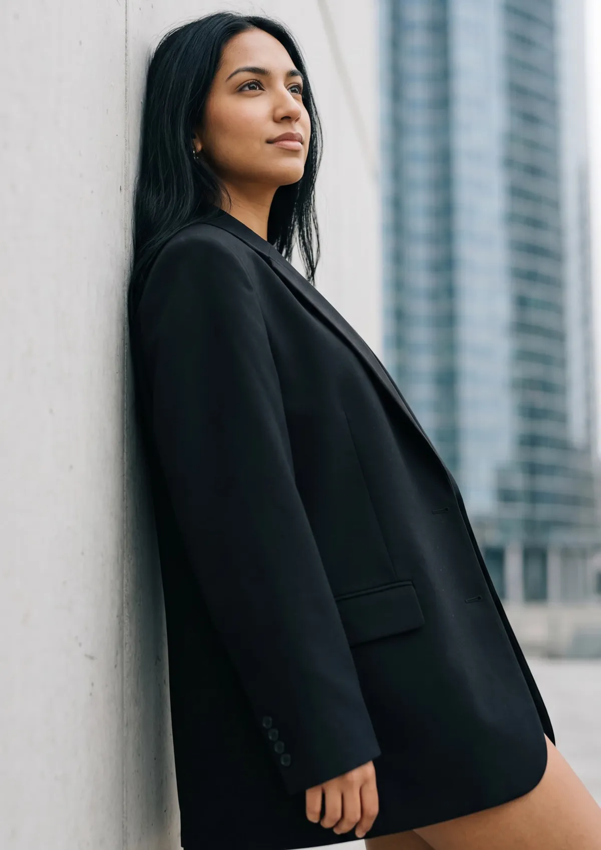 Black Blazer Against Concrete Skyscraper