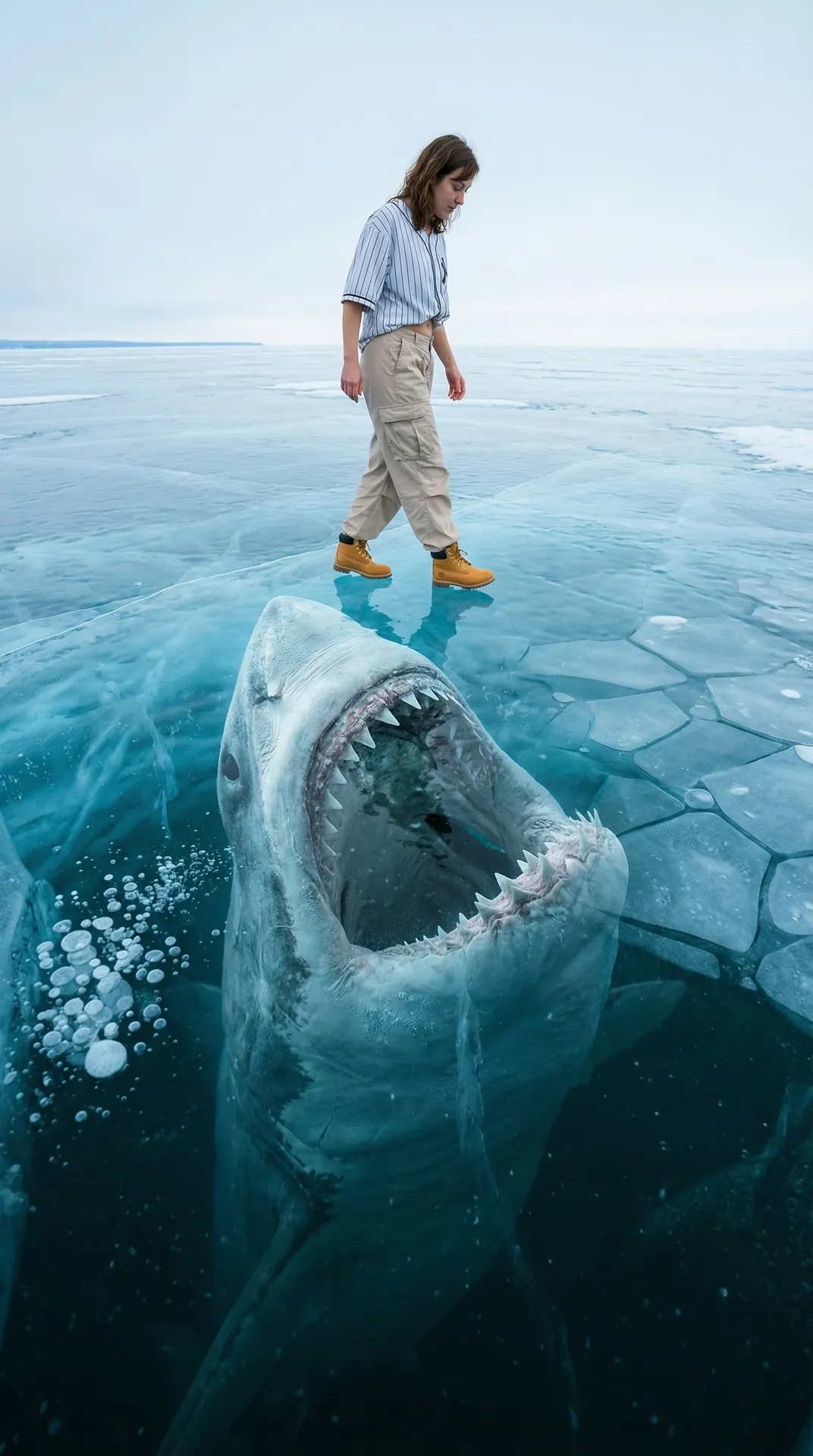 Frozen Lake With Giant Shark Below