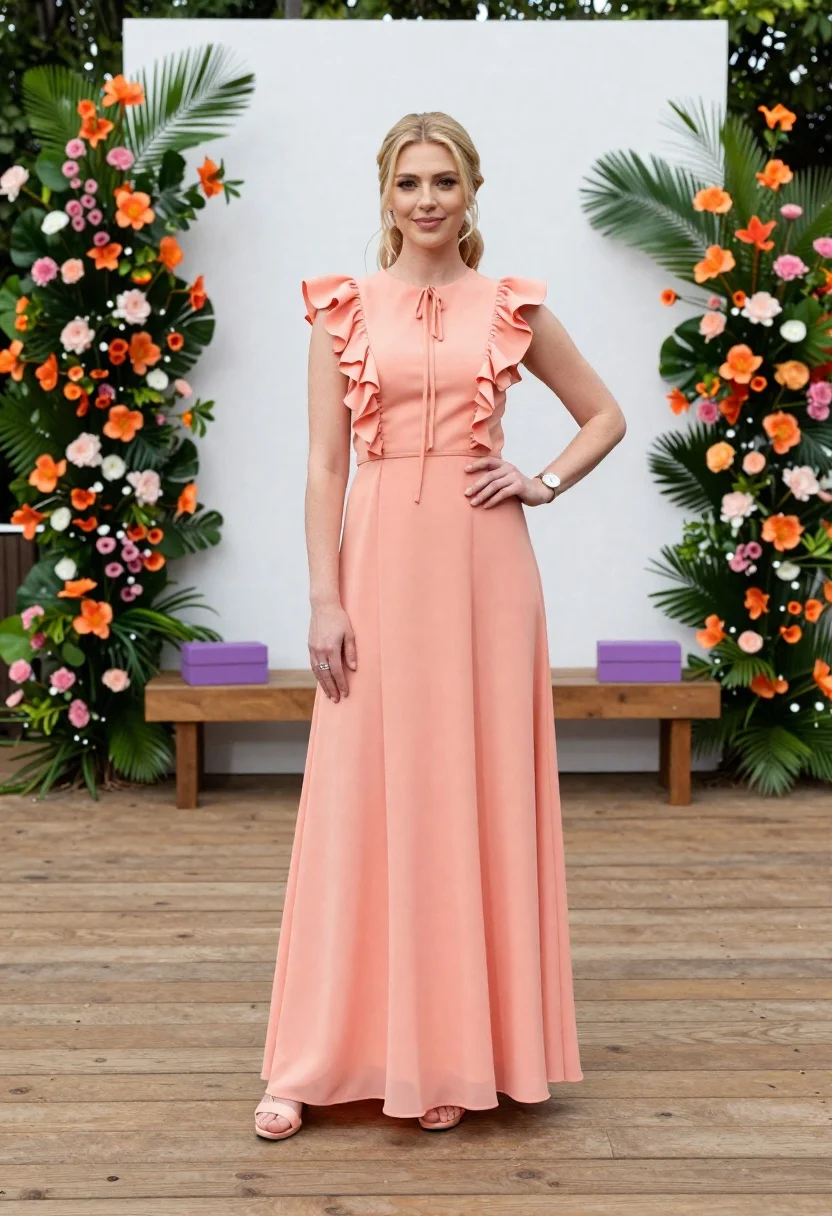 Woman Stands Confidently Full-length Peach Dress With Ruffled Shoulders And reference photo