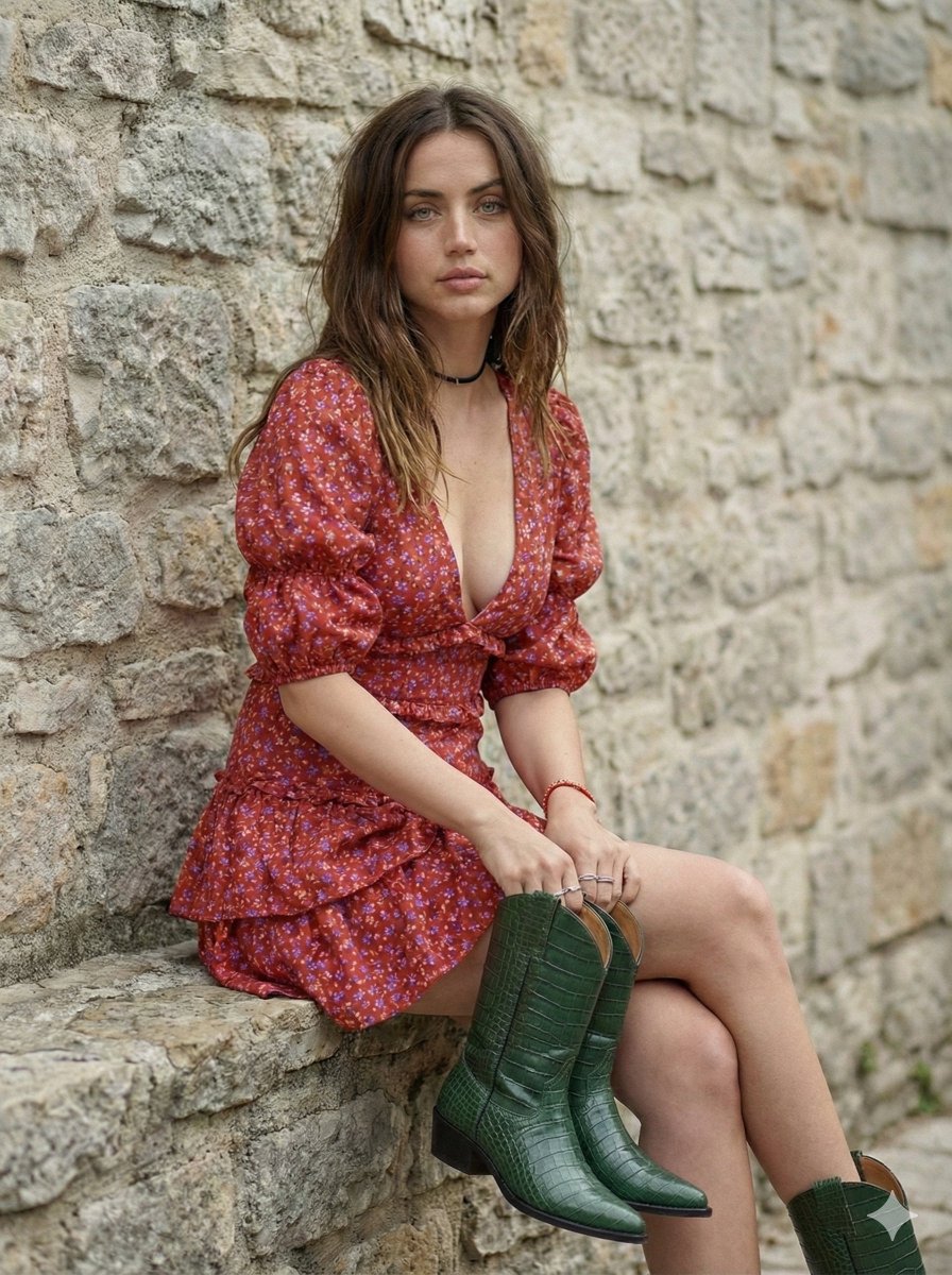 A young woman with long, chestnut brown hair leaning against a stone wall wearing a red floral off-the-shoulder dress.