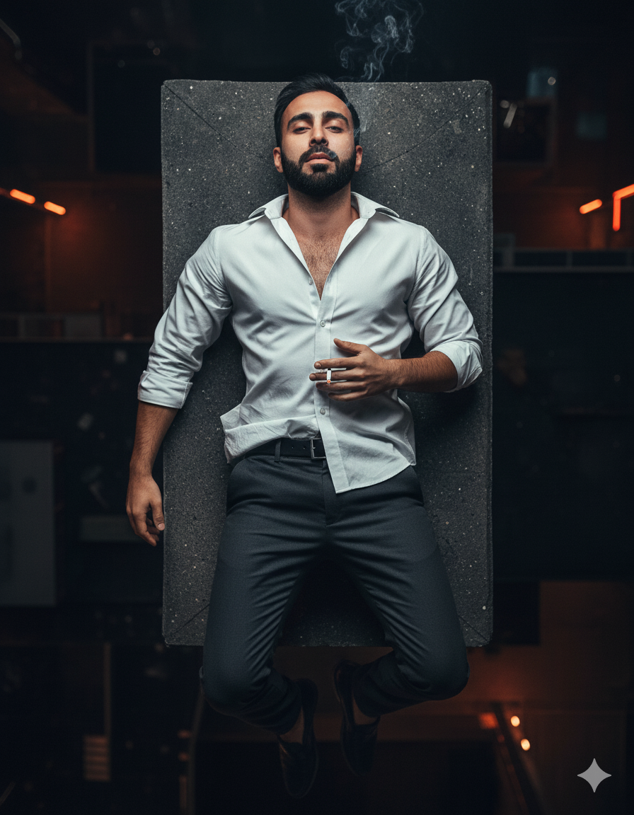 A man lying on a tall building's edge at night, smoking a cigarette, with a dramatic city skyline and soft orange glow.