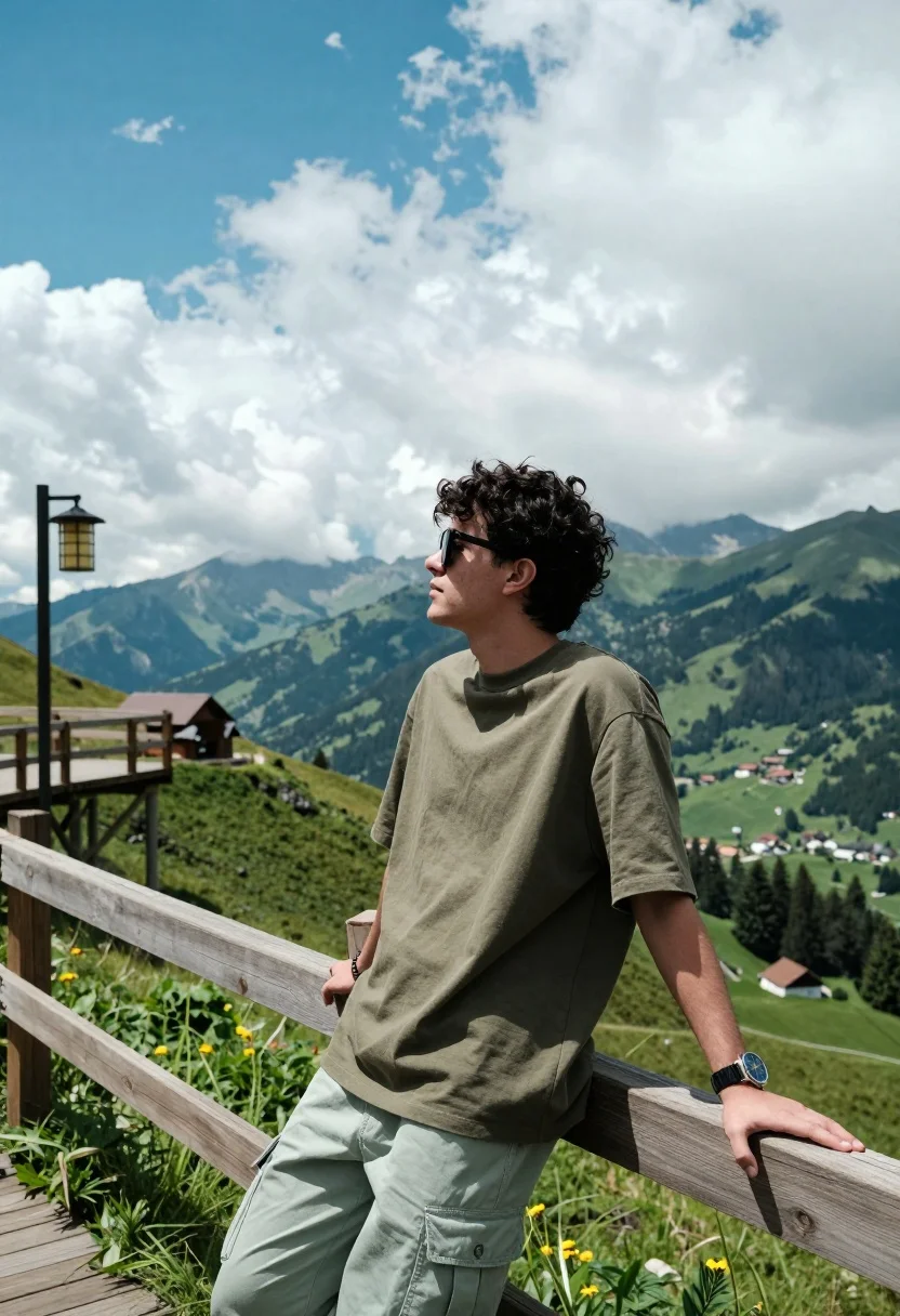 Young Man With Curly Dark Hair Leans Casually Against Wooden