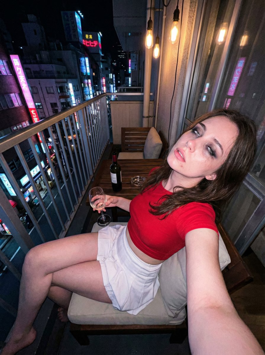 A woman with messy glam makeup lounges on a balcony, neon lights reflecting on her pale skin as she looks up at her phone.