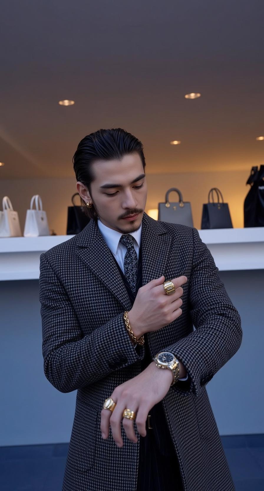 Young Dark Hair Mustache Slicked Back Light