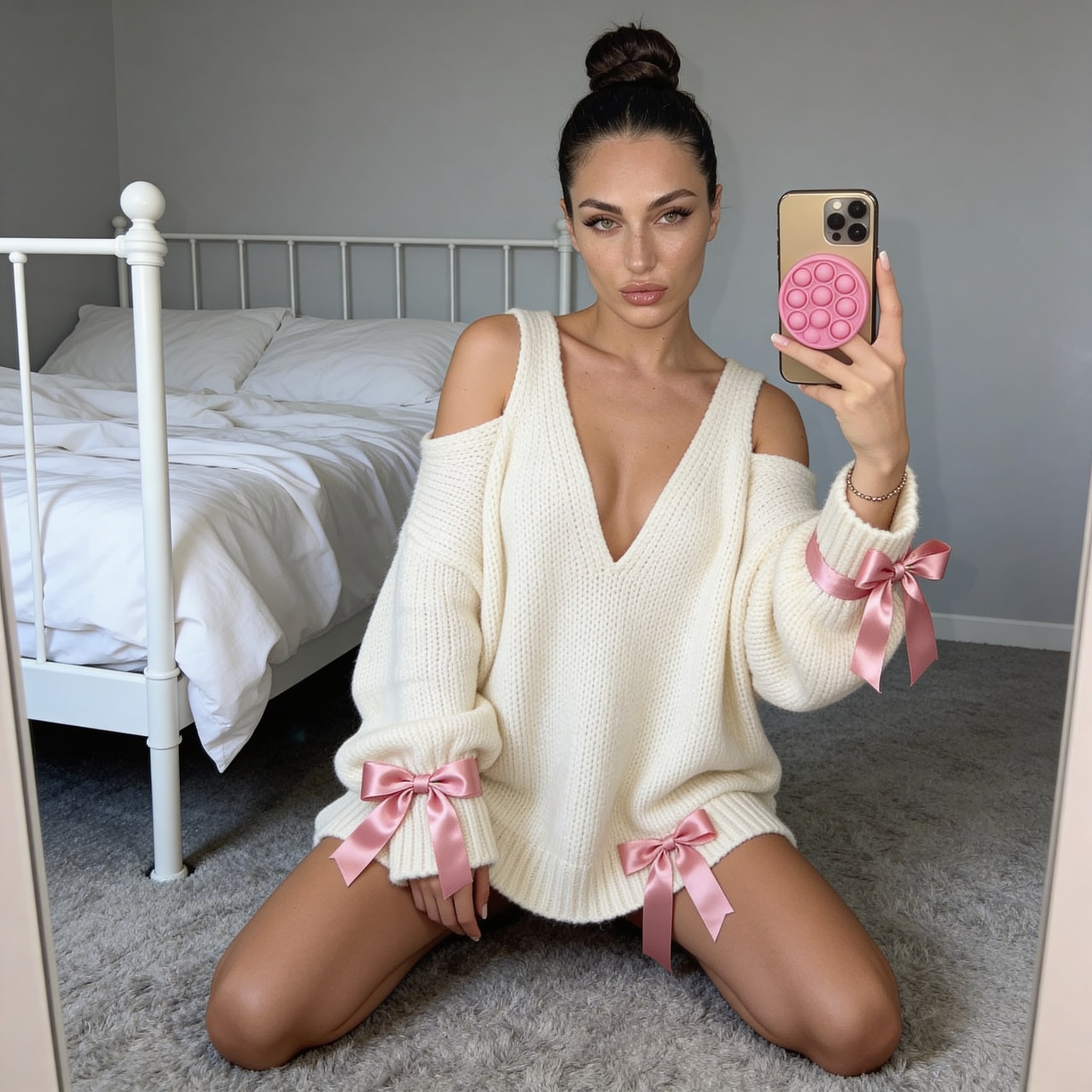 Lily kneeling on soft gray carpet, taking a mirror selfie in an oversized knit sweater with pink ribbon bows.